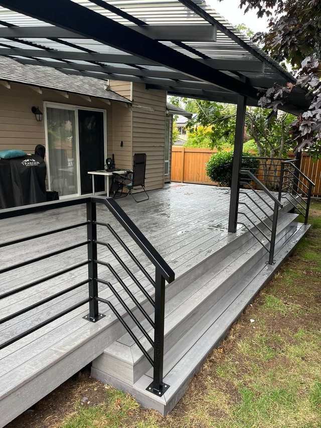 Covered composite deck with cable railing