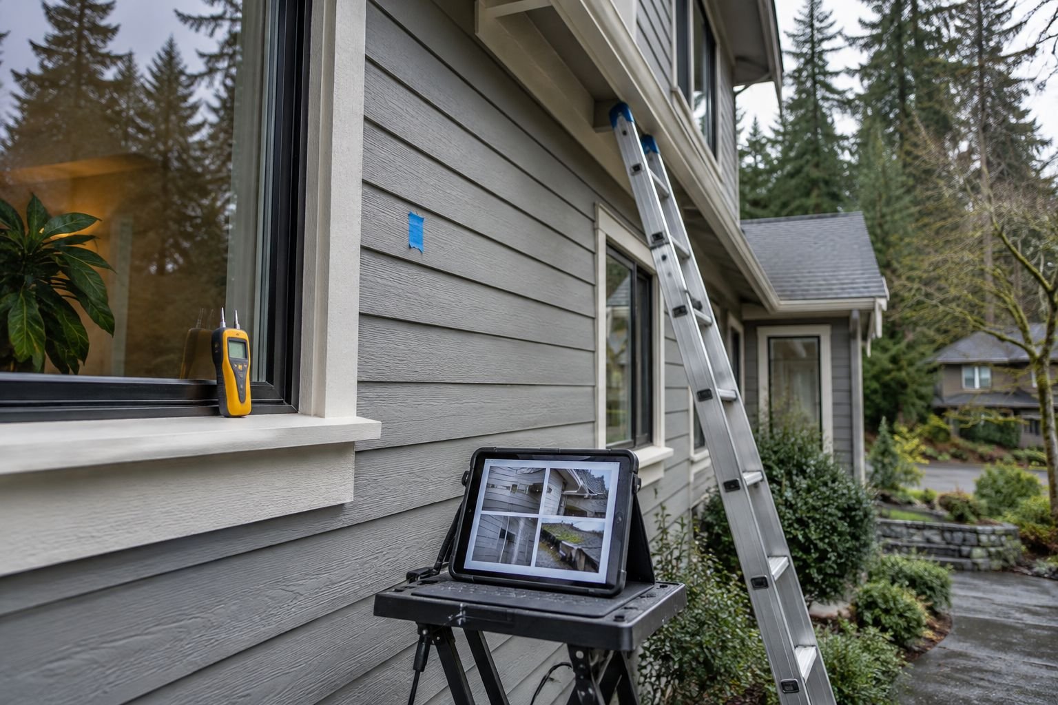 Home exterior assessment with ladder, moisture meter and photo report on an Eastside house